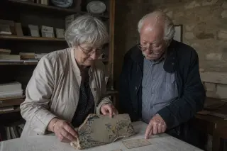 Elderly Maxéville residents naturally examining a ceramic tile fragment together in a softly lit, archive-like room with stone walls and shelves.