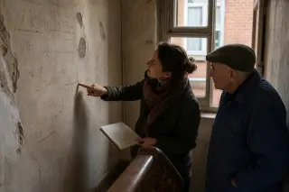 Two people examine old markings on a worn stairwell wall inside a red-brick worker's house, immersed in thought and natural light.