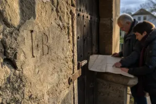 aged stone wall with faint engravings, soft light, two people in background studying an old map, conveying layered local history