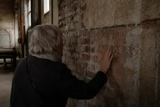 Elderly woman intently examining a faint inscription on a worn brick wall in an old, softly lit industrial workshop.