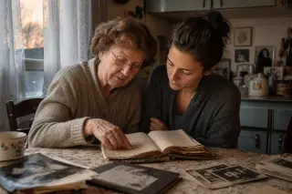 Grandmother and adult granddaughter quietly reviewing a handwritten family notebook together in a softly lit Maxéville kitchen, evoking intergenerational memory sharing.