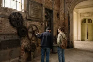 Two people quietly examining industrial relics and bourgeois mouldings in a softly lit historic Maxéville workshop interior.