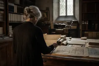 Elderly woman absorbed in examining an old letter at a wooden desk amid archival shelves, with soft natural light creating a contemplative mood.